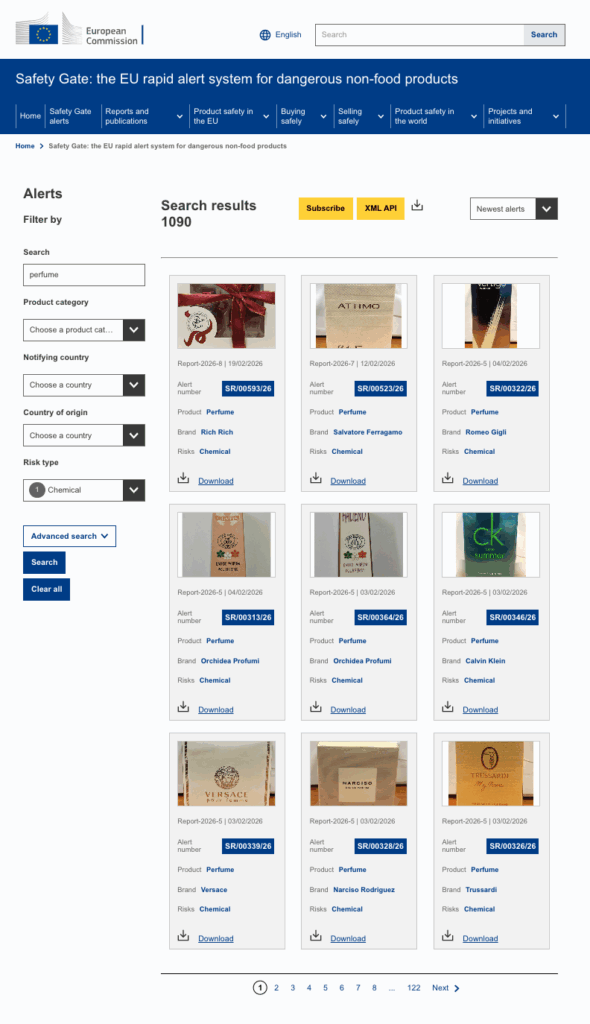 Image shows a screenshot of the European Commission safety gate website showing unsafe fragrances. 